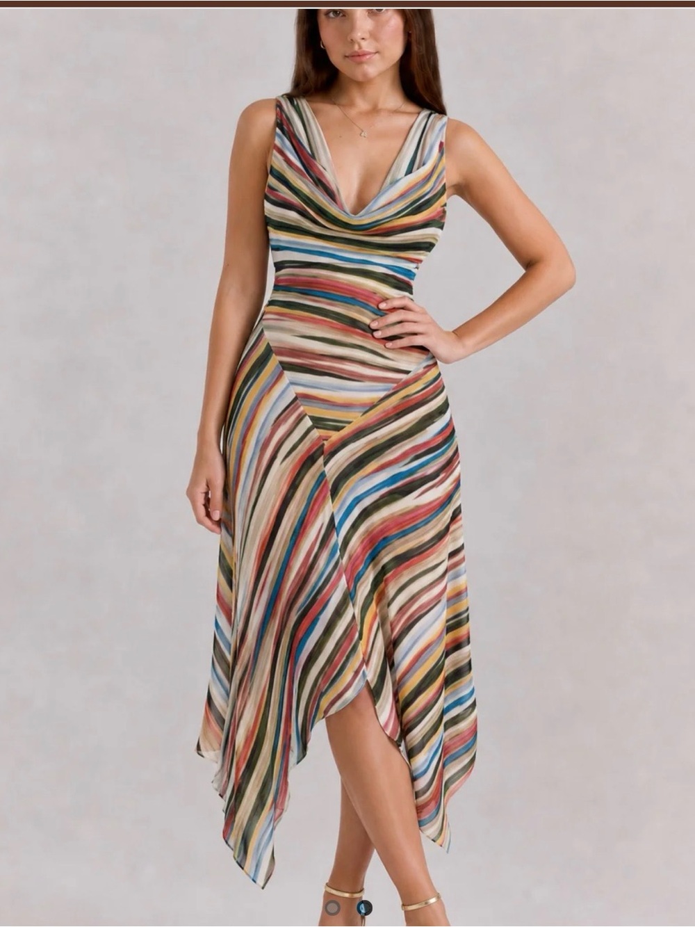 Multicolor Striped Asymmetrical Cowl Neck Dress